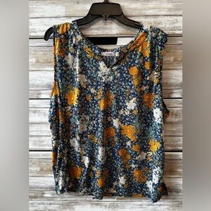 Cure 3XL Floral Sleeveless Blouse Navy Mustard Boho Top